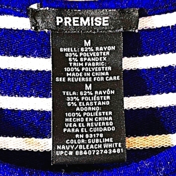 Premise M Navy/White Striped Short Sleeve Chiffon Inverted Pleat Blouse - Picture 3 of 5